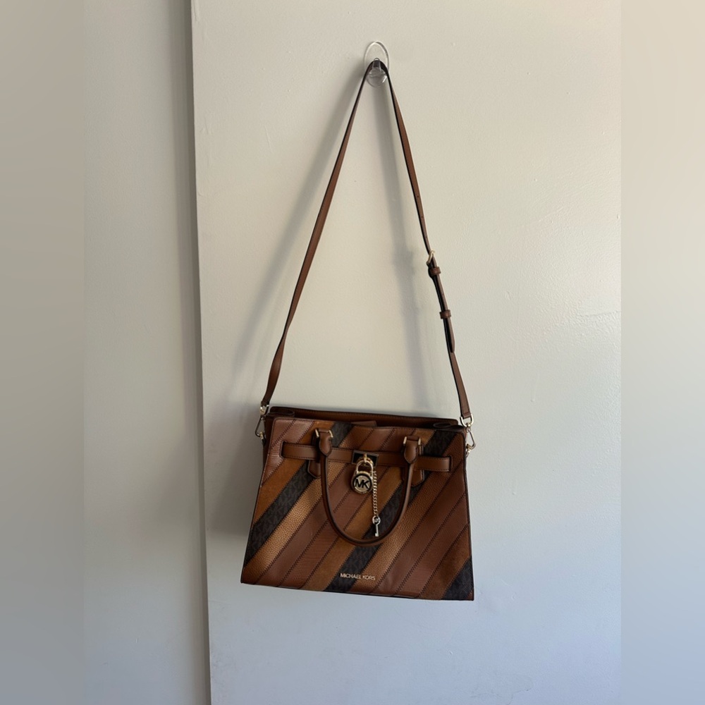Michael Kors Brown and Tan Diagonal Stripe Leather Satchel - Picture 10 of 16